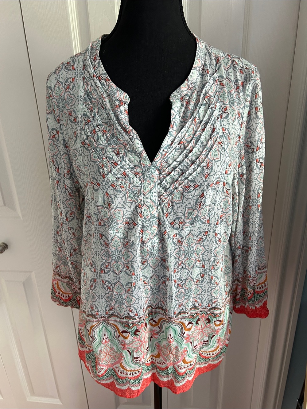 Indigo Printed V-Neck Tunic in Aqua, Coral and White